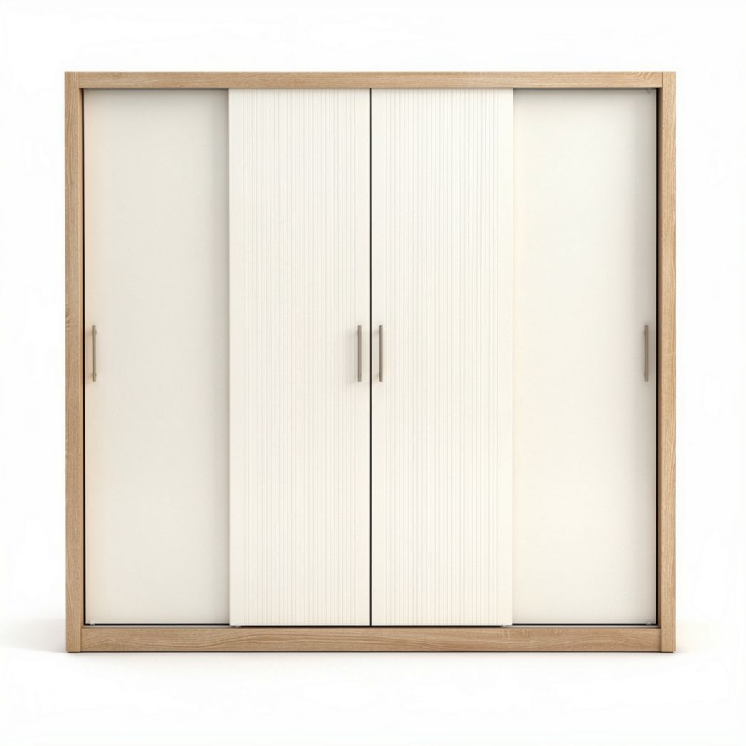 Armario de tres puertas correderas en melamina blanca y madera 150 x 45 x 120cm