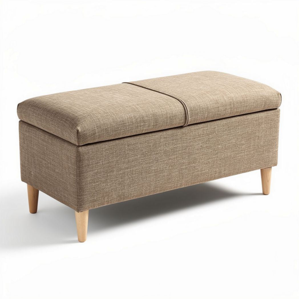 Otomanas de almacenamiento en tela beige con patas de madera 100 x 45 x 45cm