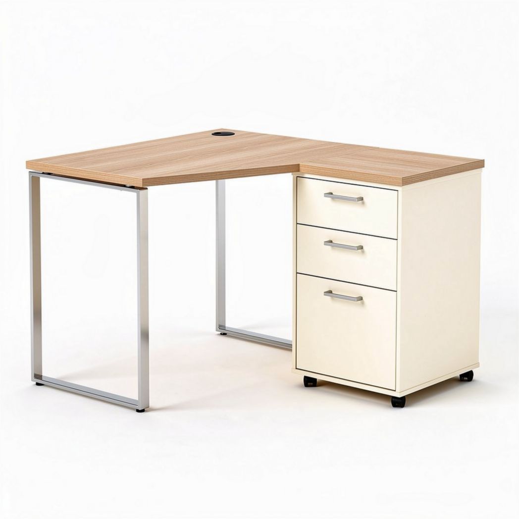 Escritorio en forma de L con cajones de madera y metal blanco 150 x 75 x 75cm