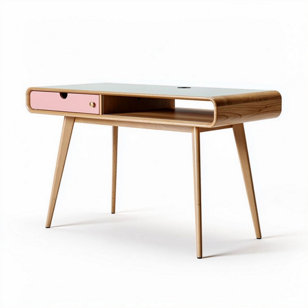 Escritorio moderno de madera con cajón rosa y medidas de 120 x 60 x 75cm