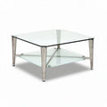 Mesa de café cuadrada de vidrio con estante inferior en color plata 80 x 80 x 40cm