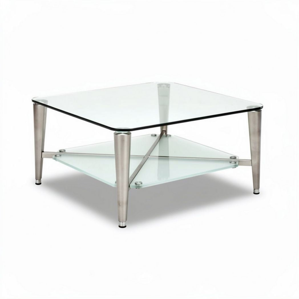 Mesa de café cuadrada de vidrio con estante inferior en color plata 80 x 80 x 40cm